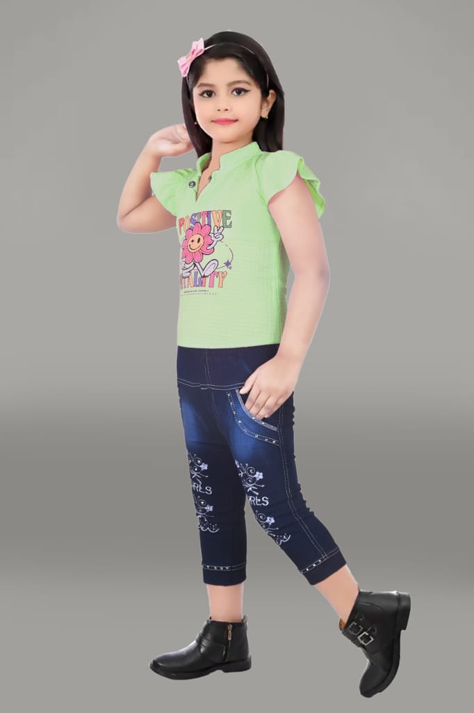 Green Cotton Printed T-shirt with Blue Denim Jeggings for Girls