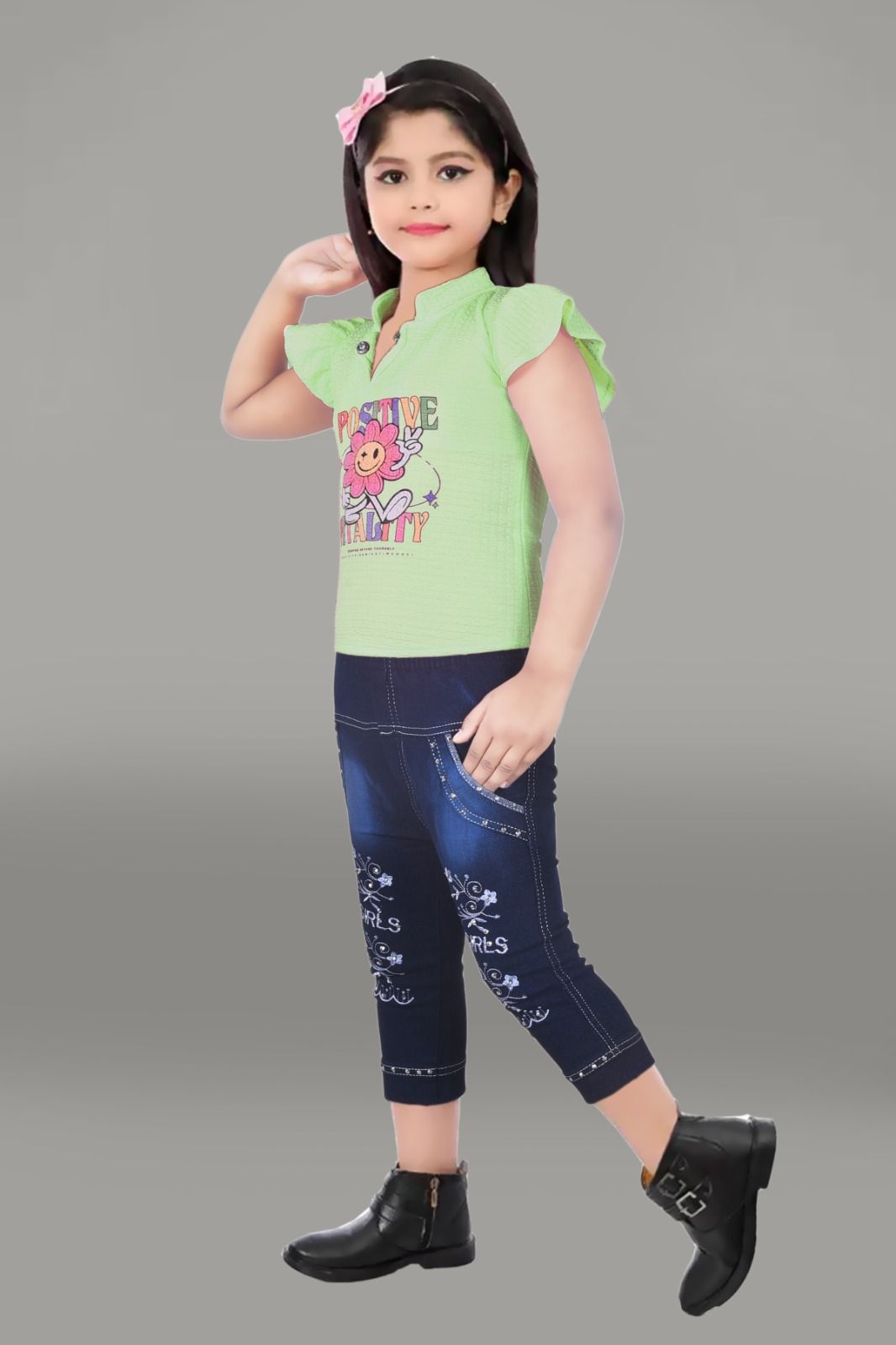  Green Cotton Printed T-shirt with Blue Denim Jeggings for Girls