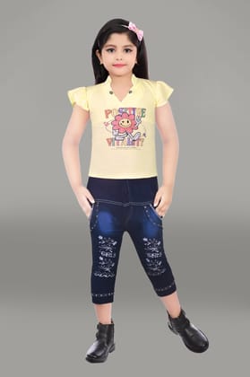  Girls' Summer Outfit Set: Yellow T-Shirt with Positive Vibes Graphic and Blue Denim Jeans with Embroidered Detailing