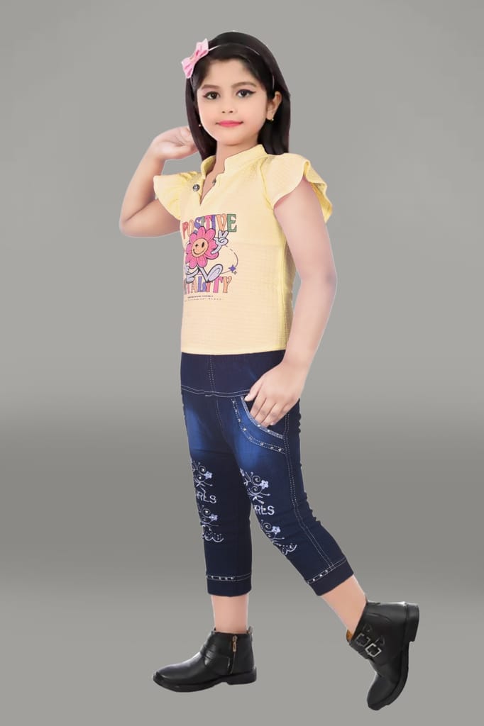 Girls' Summer Outfit Set: Yellow T-Shirt with Positive Vibes Graphic and Blue Denim Jeans with Embroidered Detailing