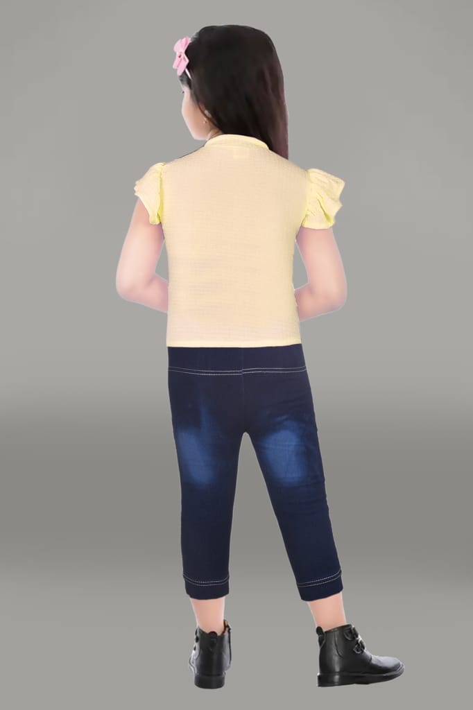 Girls' Summer Outfit Set: Yellow T-Shirt with Positive Vibes Graphic and Blue Denim Jeans with Embroidered Detailing