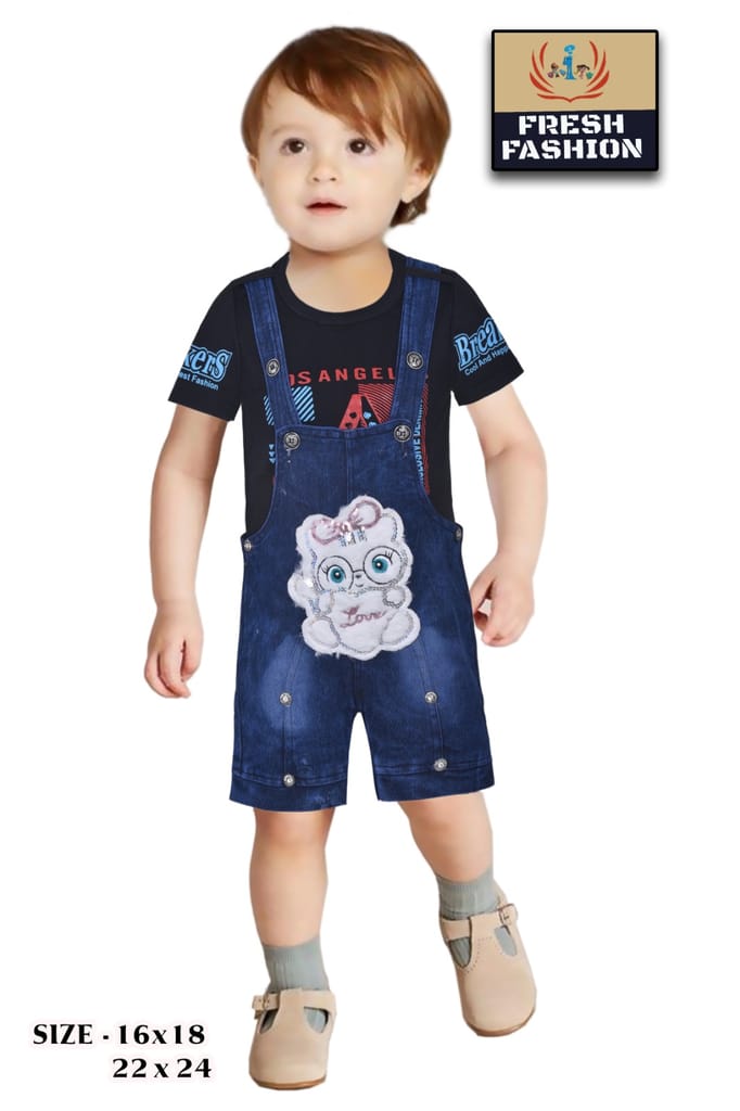 Fresh Fashion Baby Boy's Denim Dungaree Set with Cute Animal Applique