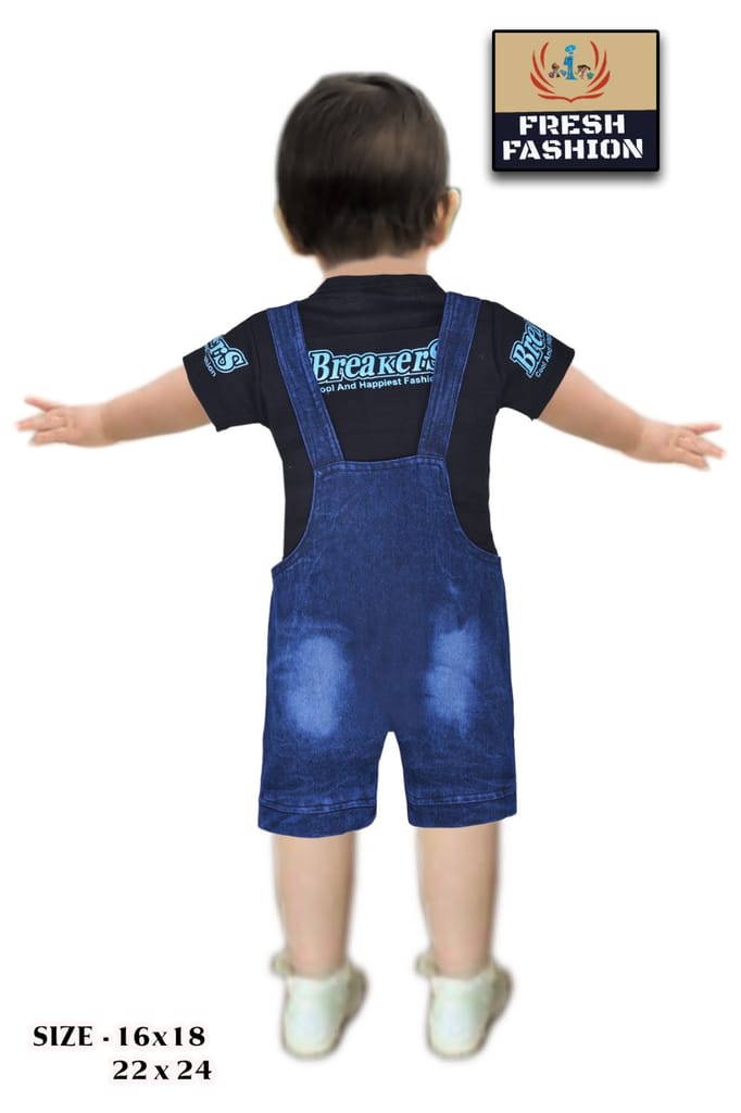 Fresh Fashion Baby Boy's Denim Dungaree Set with Cute Animal Applique