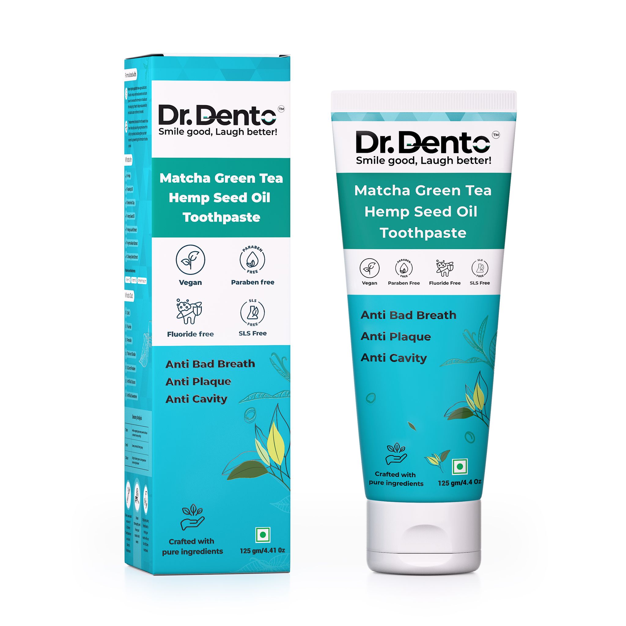 Dr.Dento Matcha Green Tea Toothpaste 125gm|Organic and Natural Ingredients | Vegan, SLS & Fluoride Free | Teeth Whitening Toothpaste (Enamel Safe) | N-Hap & Theobromine for Remineralisation