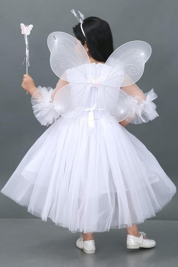 White Fairy Dress for Girls with Wings and Wand