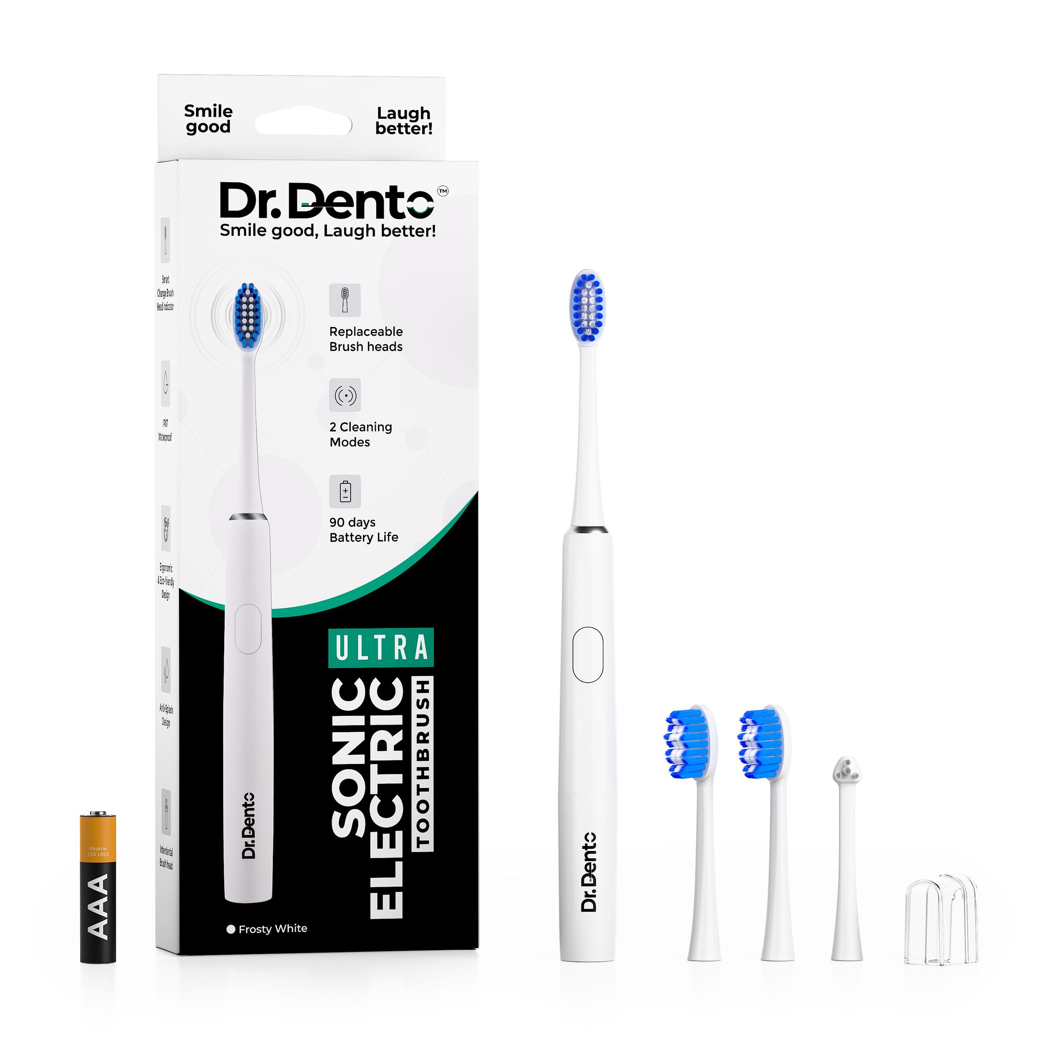 Dr.Dento Sonic Electric Toothbrush, 2 Modes, AAA Powered Battery, 3 Brush Heads,1 Interdental Brush Head, 120 Days Battery Life | 1 Year Warranty | Electric Toothbrush For Men, Women & Kids