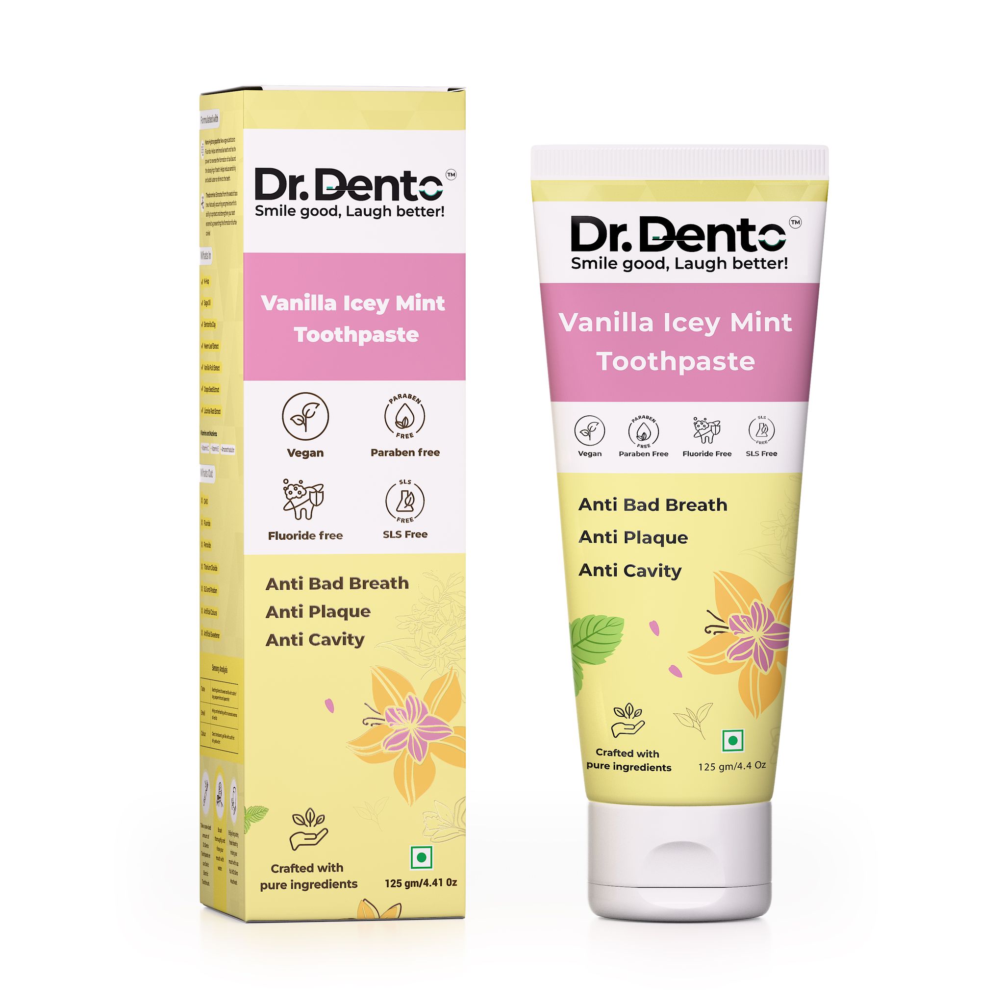 Dr.Dento Vanilla Icy Mint Toothpaste 125 gm | Active Freshness, Cavity Prevention & Teeth Whitening | SLS & Fluoride Free | Toothpaste with N-Hap for Teeth Remineralisation & Complete Oral Care
