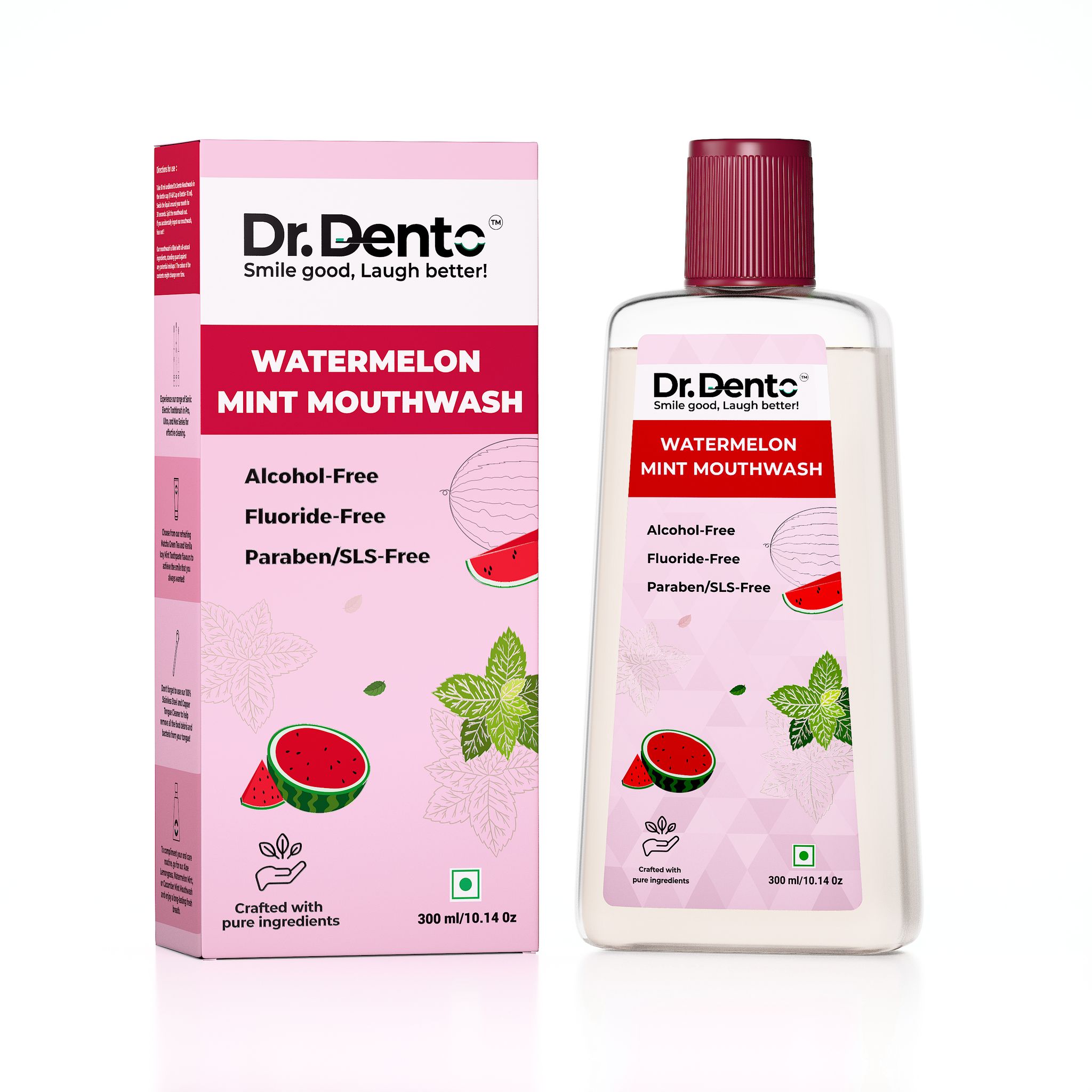 Dr.Dento Mouthwash | Fresh Breath | No Artificial Flavors & Colors | Alcohol-Free Mouthwash for Men, Women & Kids | Fights Germs, Watermelon Mint - 300 ml