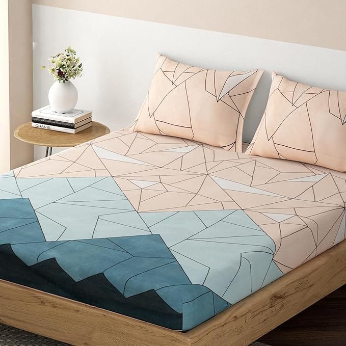 All-Round Elastic Fitted Sheet - Soft and Breathable Geometric Pattern Bedding Set with Deep Pockets - Wrinkle and Fade Resistant - Queen Size, Pink/Blue