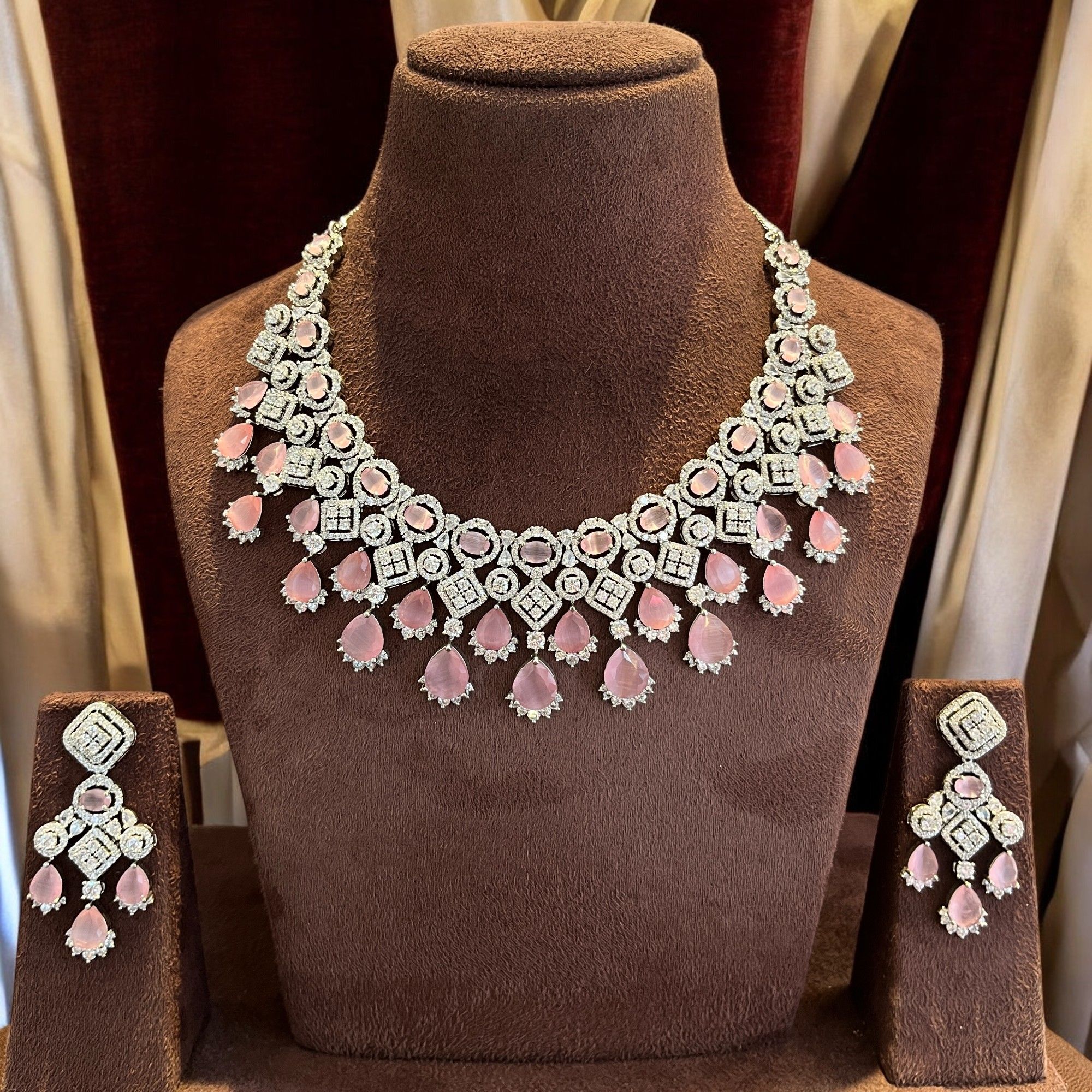 Stunning Silver Plated Pink Stone Necklace Set By Dia Art Jewels