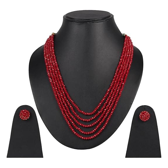 Manbhar Gems - Crystal Gemstone Beads Necklace Set for girl and Women 5 layer Mala With Stud Earring stylish Mehroon Red traditional Beaded Fashion jewellery