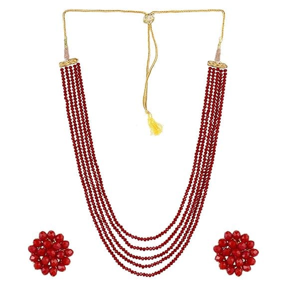 Manbhar Gems - Crystal Gemstone Beads Necklace Set for girl and Women 5 layer Mala With Stud Earring stylish Mehroon Red traditional Beaded Fashion jewellery