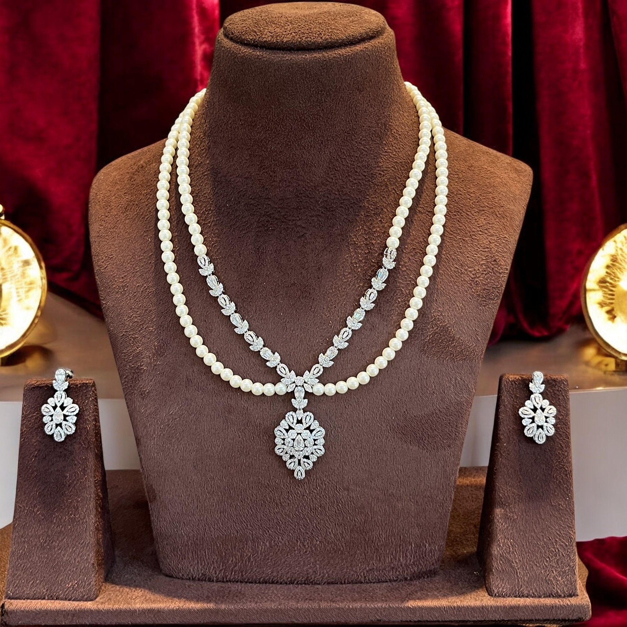 Pearl and Cubic Zirconia Bridal Necklace Set By Dia Art Jewels