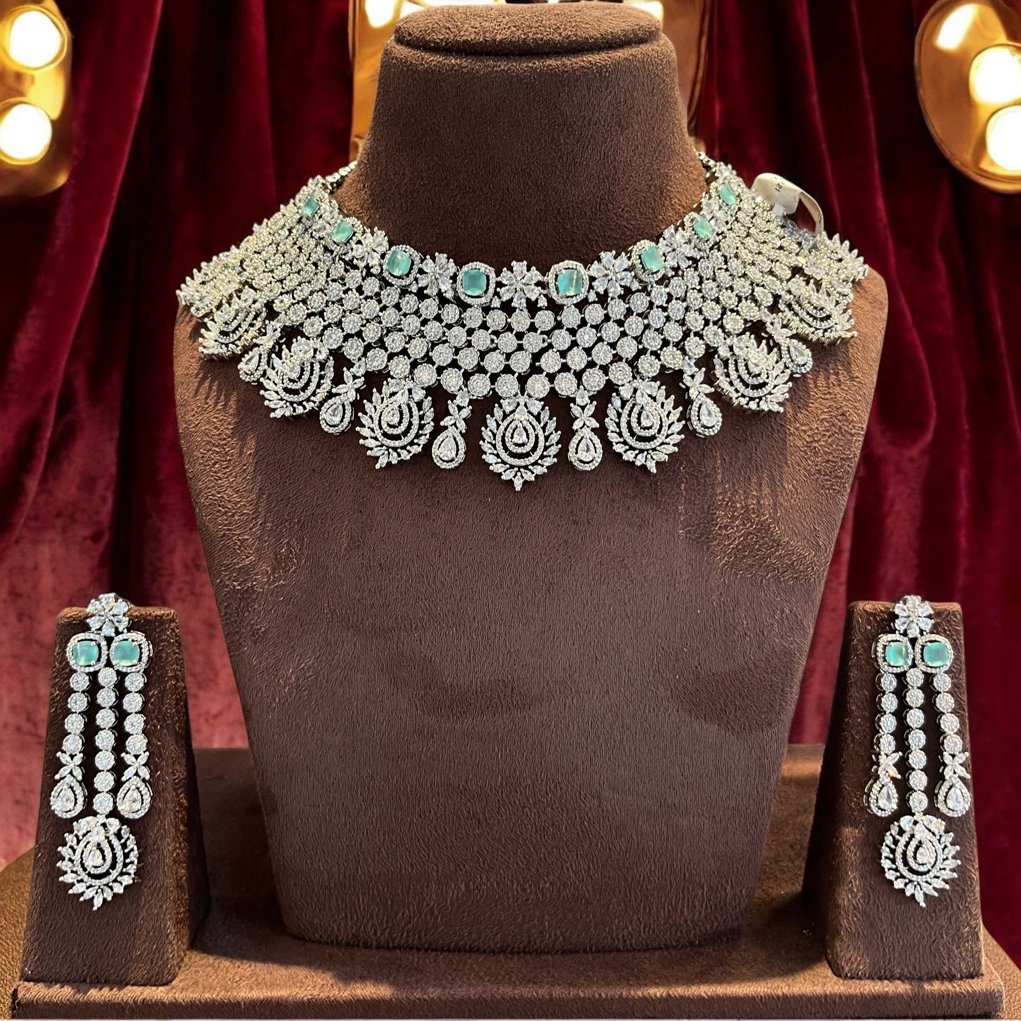  Stunning American Diamond and Emerald Choker Necklace Set in Silver