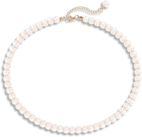 A V FASHION - Pearl Necklace For Girl and Women White Pearl Necklaces for Women, 8MM Beaded Choker Necklace 1 Layer Beaded Mala Fashion Jewellery