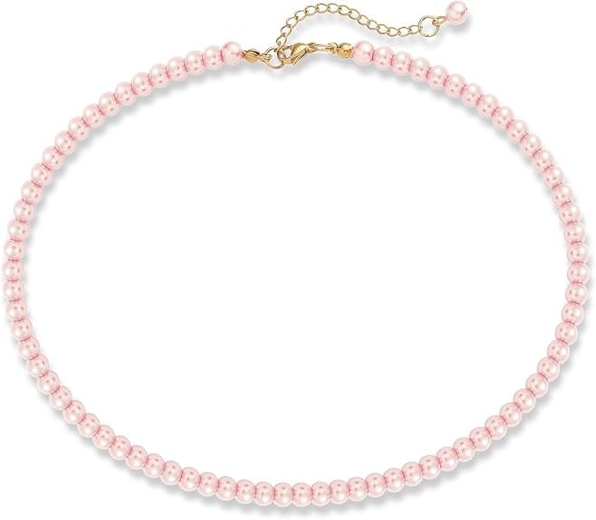 A V FASHION - Pearl Necklace For Girl and Women Pink Pearl Necklaces for Women, 8MM 16 Inch Beaded Choker Necklace 1 Layer Beaded Mala Fashion Jewellery