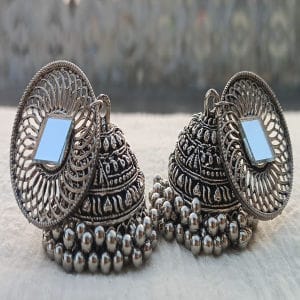 Oxidized Silver Mirror Jhumka Earrings – Timeless Elegance with Intricate Craftsmanship