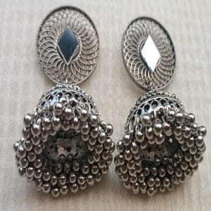 Oxidized Silver Mirror Jhumka Earrings – Timeless Elegance with Intricate Craftsmanship