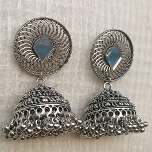 Oxidized Silver Mirror Jhumka Earrings – Timeless Elegance with Intricate Craftsmanship