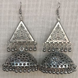 oxidized silver triangle earrings with intricate detailing and ghungroo bells