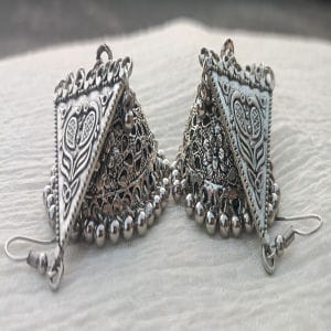 oxidized silver triangle earrings with intricate detailing and ghungroo bells