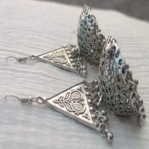 oxidized silver triangle earrings with intricate detailing and ghungroo bells