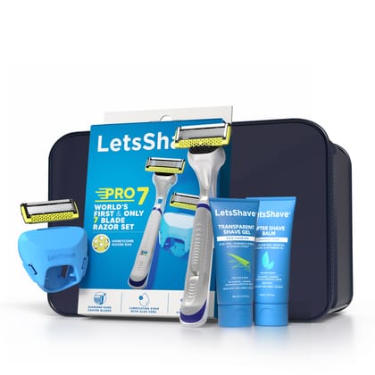 Letsshave Pro 7 Executive set for Men | Pro 7 Razor,Transparent Shave Gel 30ml, After Shave 30ml, Travel Pouch,Razor Cap | World First 7 Blade Razor