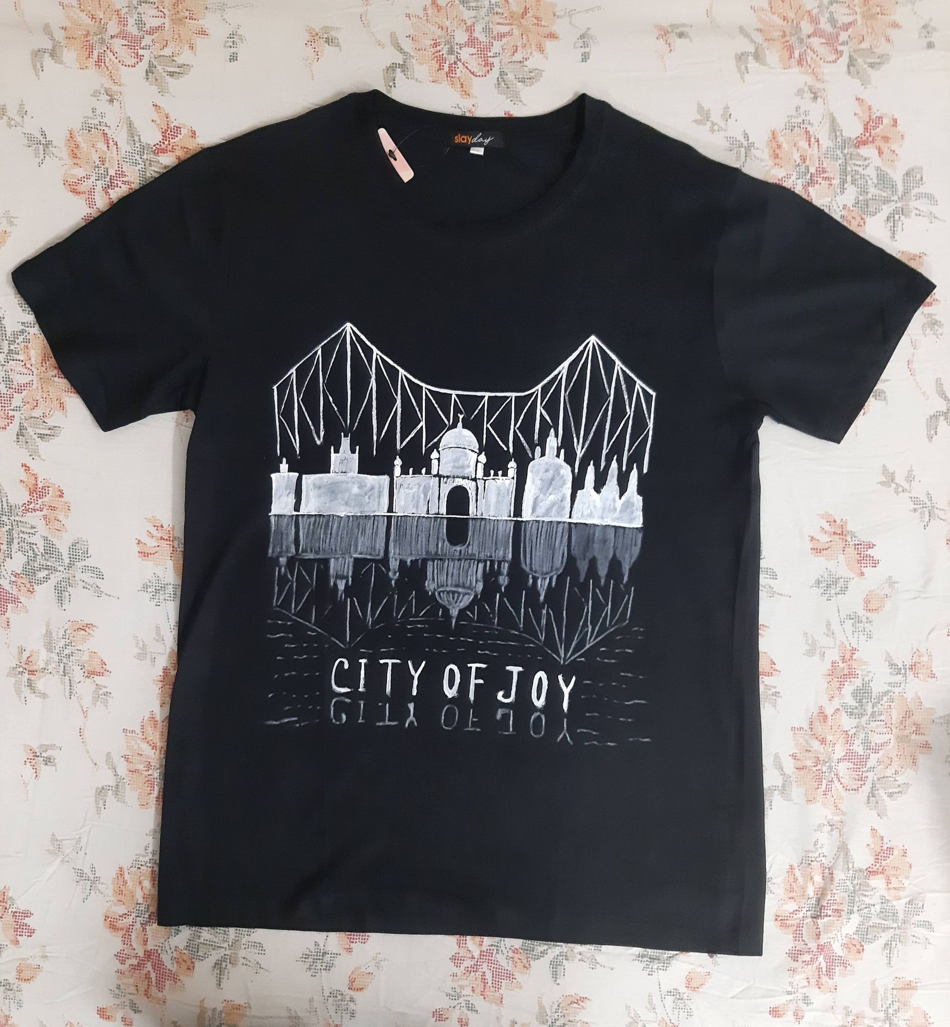 Men's Black Cotton T-Shirt with White City of Joy Print
