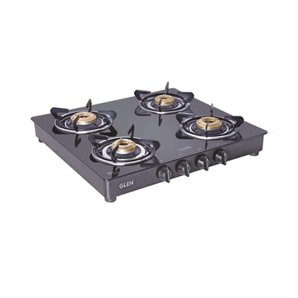 4 Burner Glass Gas Stove with Brass Burner, Black (1043 GT BB BL PN) - Manual/Auto Ignition
