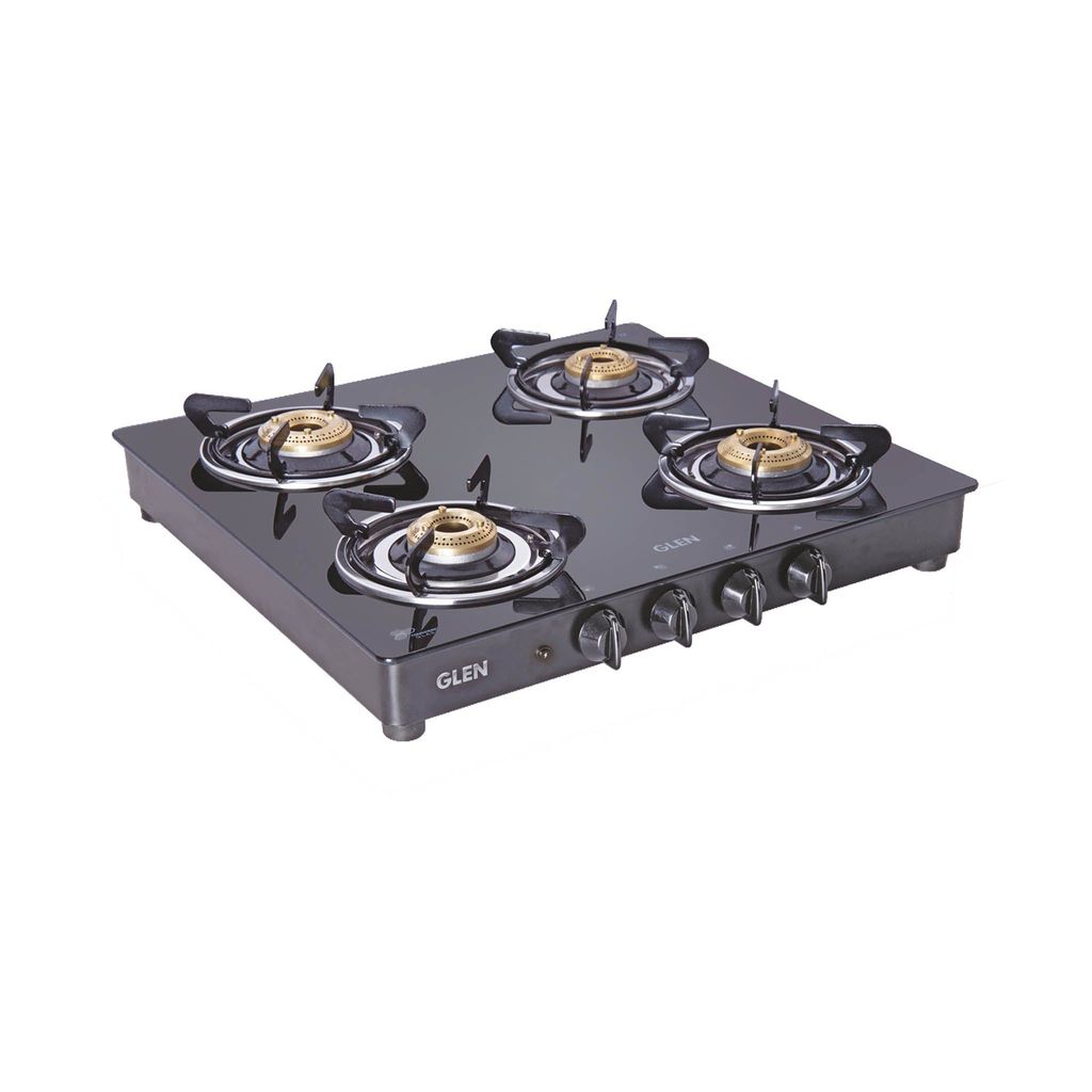 Affordable Home - - and - - Decor 4 Burner Glass Gas Stove with Brass Burner, Black (1043 GT BB 