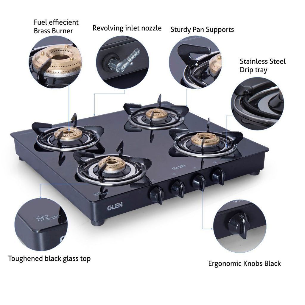 Affordable Home - - and - - Decor 4 Burner Glass Gas Stove with Brass Burner, Black (1043 GT BB 