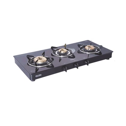 3 Burner Glass Gas Stove with High Flame Brass Burner Extra Large Black (1033 GTXL BB BL PN)