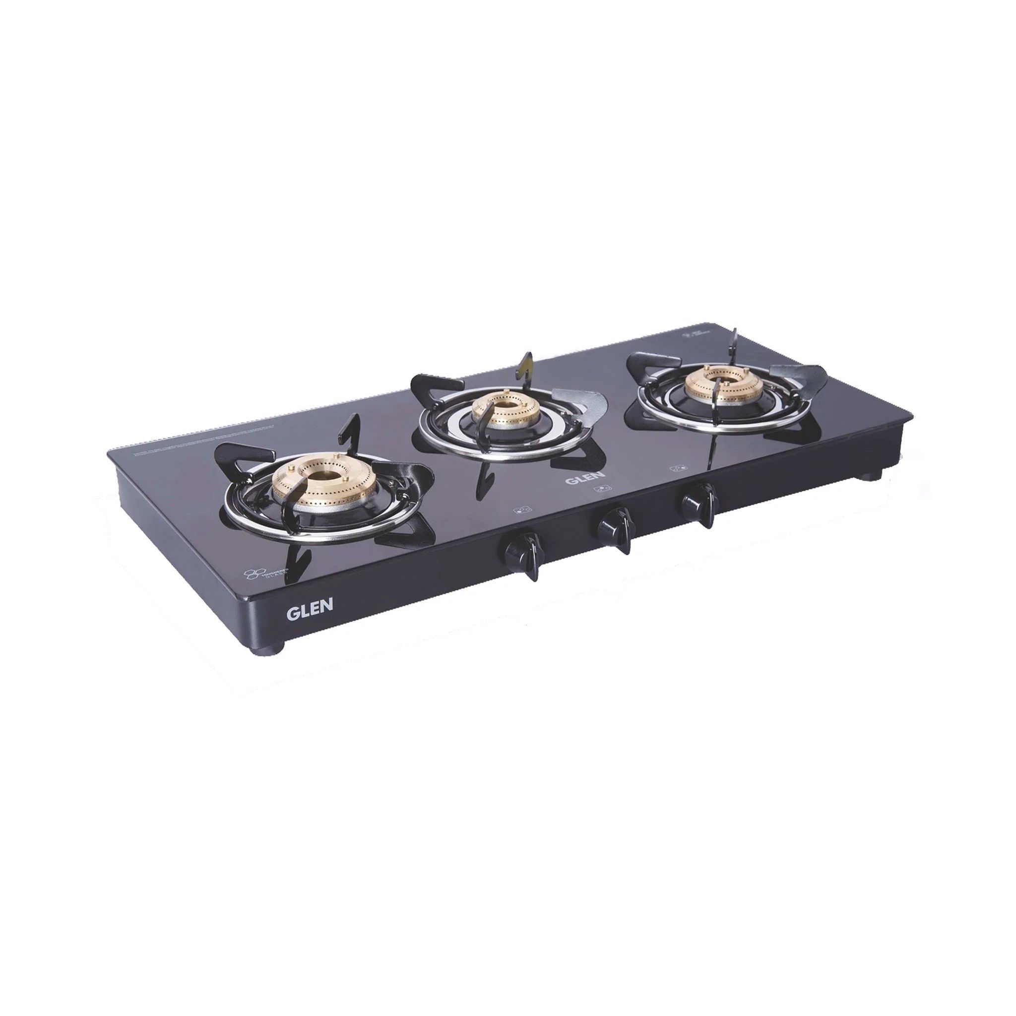 3 Burner Glass Gas Stove with High Flame Brass Burner Extra Large Black (1033 GTXL BB BL PN)