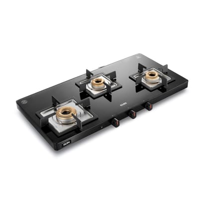 3 Burner Ultra Slim Glass Gas Stove with High Flame Forged Brass Burner - Manual/Auto Ignition (1035 US BL PN)