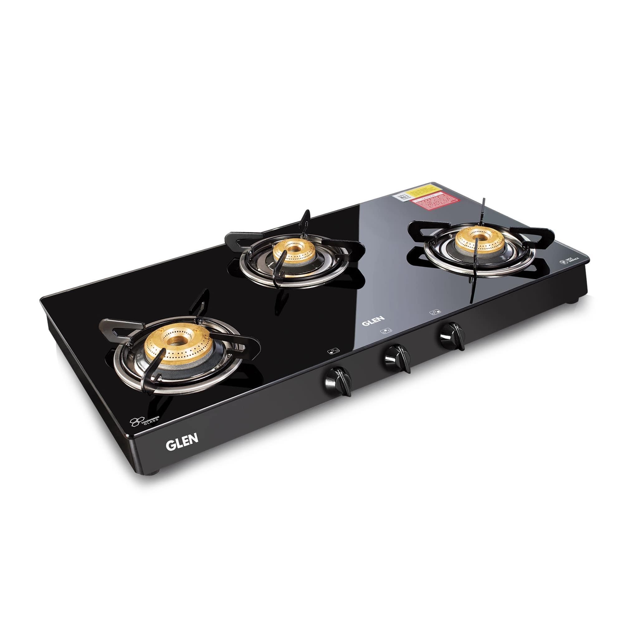 3 Burner Glass Gas Stove with High Flame Brass Burner (1038GTBBBLPN)