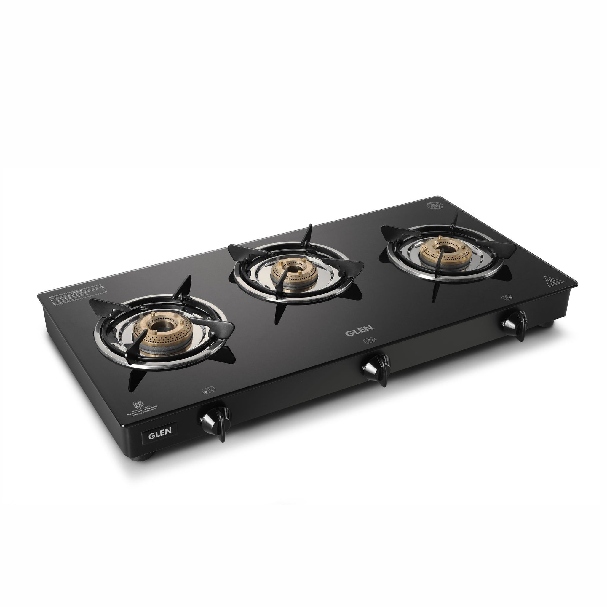 3 Burner Glass Gas Stove with High Flame Brass Burner - Black (1030 GT HF BB BL PN)