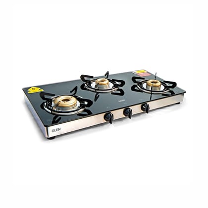 3 Burner Glass Gas Stove High Flame Forged Brass Burner XL Double Drip Tray (1033 GTXLFBDD) - Manual/Auto Ignition