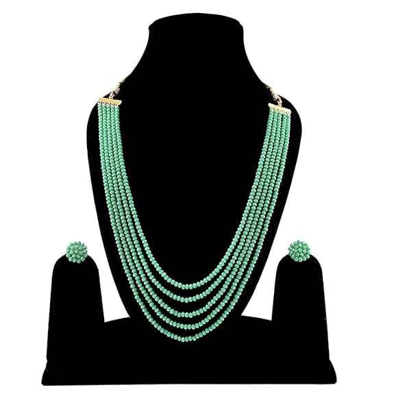 Manbhar Gems - Crystal Gemstone Beads Necklace Set for girl and Women 5 layer Mala With Stud Earring stylish traditional Rama Green Beaded Haar Fashion jewellery