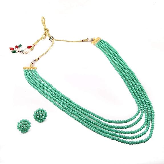 Manbhar Gems - Crystal Gemstone Beads Necklace Set for girl and Women 5 layer Mala With Stud Earring stylish traditional Rama Green Beaded Haar Fashion jewellery