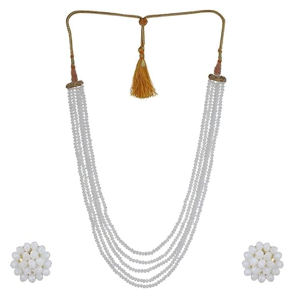 Manbhar Gems - Crystal Gemstone Beads Necklace Set for girl and Women 5 layer Mala With Stud Earring stylish traditional White Colour Wedding Beaded Haar Fashion jewellery