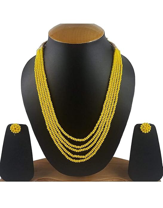 Manbhar Gems - Crystal Gemstone Beads Necklace Set for girl and Women 5 layer Mala With Stud Earring Yellow Color stylish traditional Beaded Fashion jewellery
