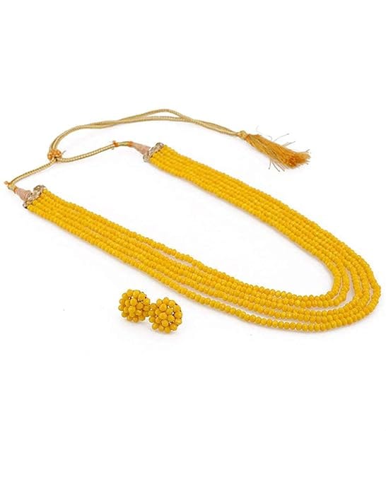 Manbhar Gems - Crystal Gemstone Beads Necklace Set for girl and Women 5 layer Mala With Stud Earring Yellow Color stylish traditional Beaded Fashion jewellery