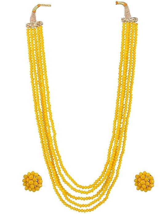 Manbhar Gems - Crystal Gemstone Beads Necklace Set for girl and Women 5 layer Mala With Stud Earring Yellow Color stylish traditional Beaded Fashion jewellery