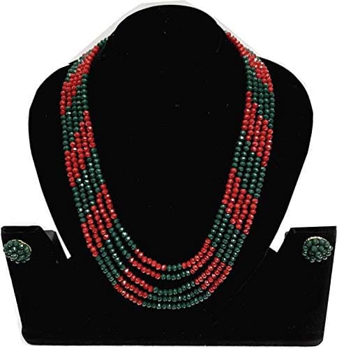 Manbhar Gems - Semi Precious Crystal Stone Beads Necklace Five Layer with Stud Earring For Women and Girl stylish Traditional Beaded Necklace Set Red Green Multi Mala Fashion Jewellery