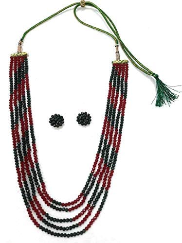 Manbhar Gems - Semi Precious Crystal Stone Beads Necklace Five Layer with Stud Earring For Women and Girl stylish Traditional Beaded Necklace Set Red Green Multi Mala Fashion Jewellery