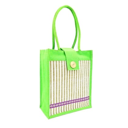 SS Eco-Life Trendy Vertical Jute Handbag for Young Girls – Eco-Friendly Casual Tote. For School, College, Casual Outing & Shopping. Green Strip Line.