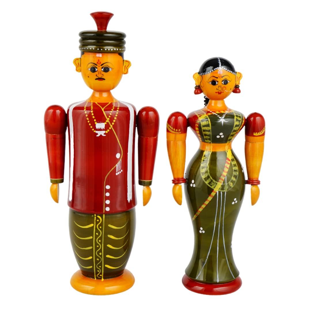Lepakshi Handicrafts Etikoppaka Bridal Couple Set - Handcrafted Traditional Wooden Decor and Gift (Multicolor, 2.5 x 1.5 x 5.5 Inches)