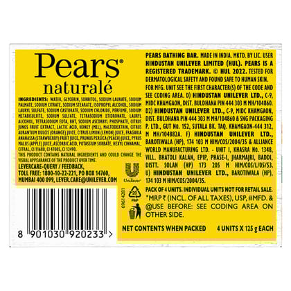 Pears Naturale Refreshing Vitamin C 4X125G Bathing Bar With Natural Vitamin C Extract, For Refreshed & Radiant Glowing Skin|With Goodness Of 100% Natural Ingredients