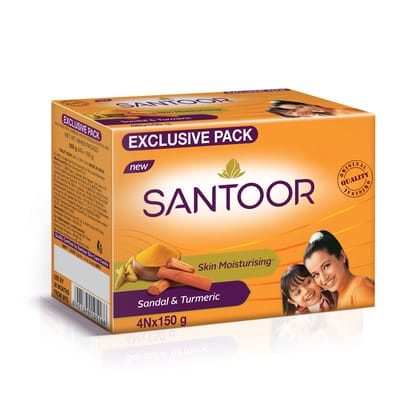 Santoor Skin Moisturizing Sandal & Turmeric Bathing Soap With Nourishing & Anti, Aging Properties| For Soft & Smooth And Younger, Looking Skin| For All Skin Types| Pack Of 4, 150G