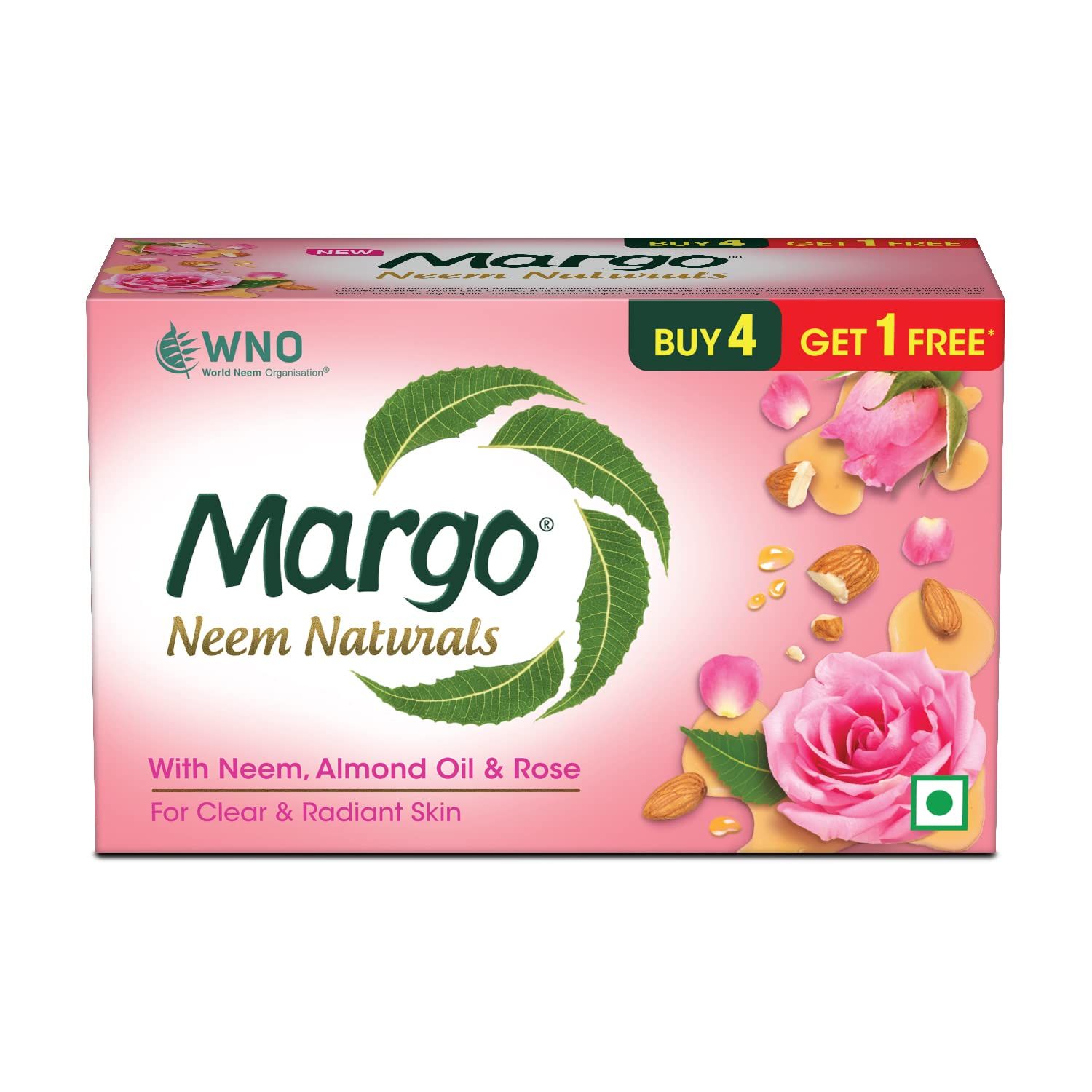 Margo Neem Naturals Soap, Enriched With Almond Oil & Rose, Soap For Clear & Radiant Skin [100Gm X 5]